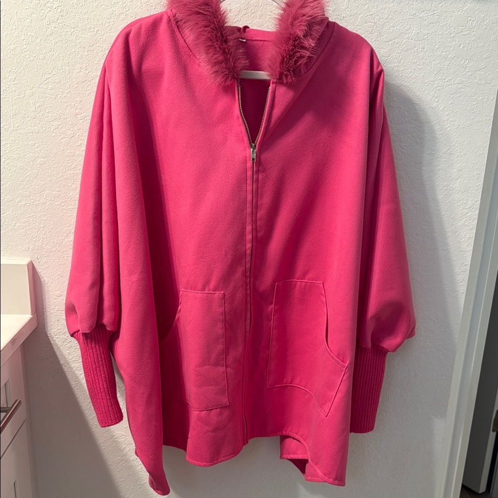 Hot Pink Faux Fur Hooded Zip-Up Cape